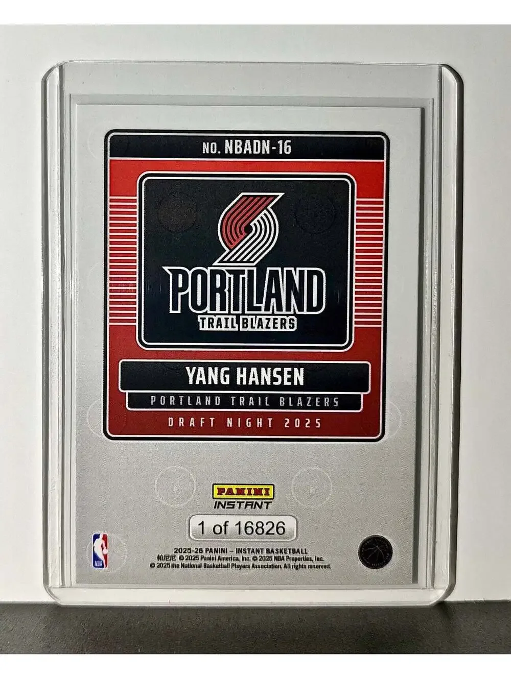 Yang Hansen Rookie 2025-26 Panini NBA #16 Draft Night Portland Trail Blazers